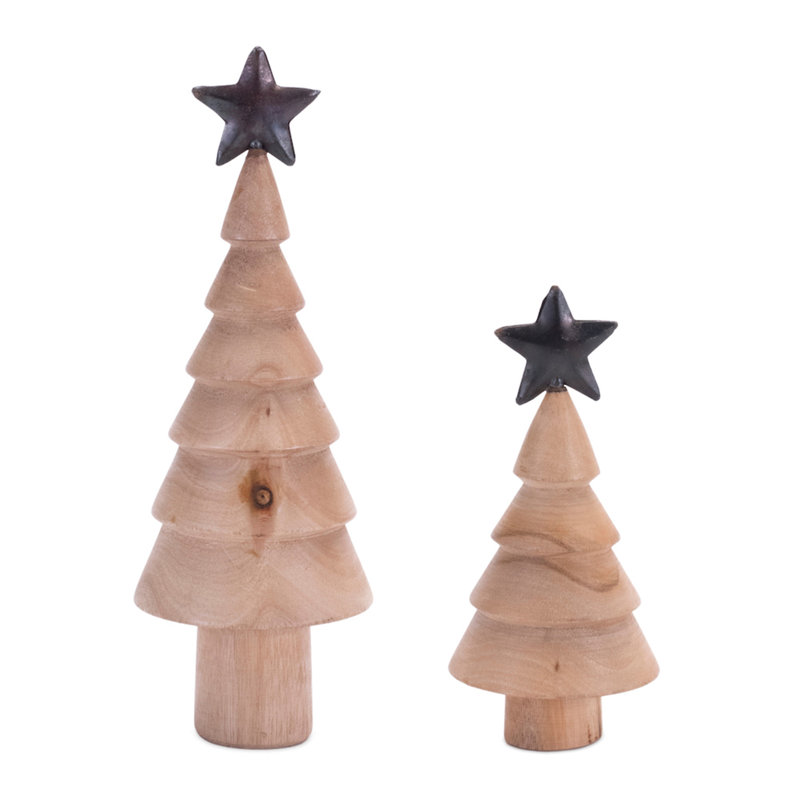 Arbre en bois naturel avec étoile en métal (ensemble de 2)