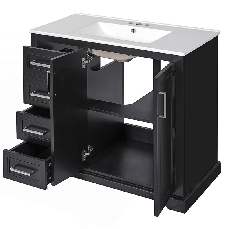 Meuble-lavabo moderne avec lavabo en céramique, porte à fermeture douce, tablette réglable et 3 tiroirs, Noir