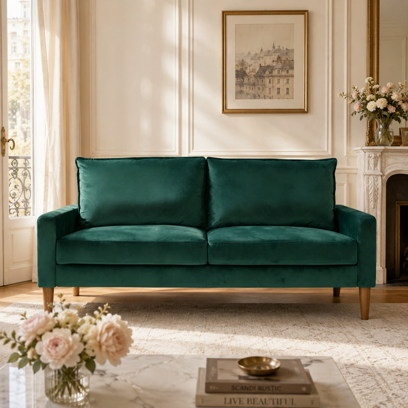 Canapé en velours 70 po Aura Modernist avec accoudoirs classiques, support à ressorts ensachés et pieds en bois chaud, Vert