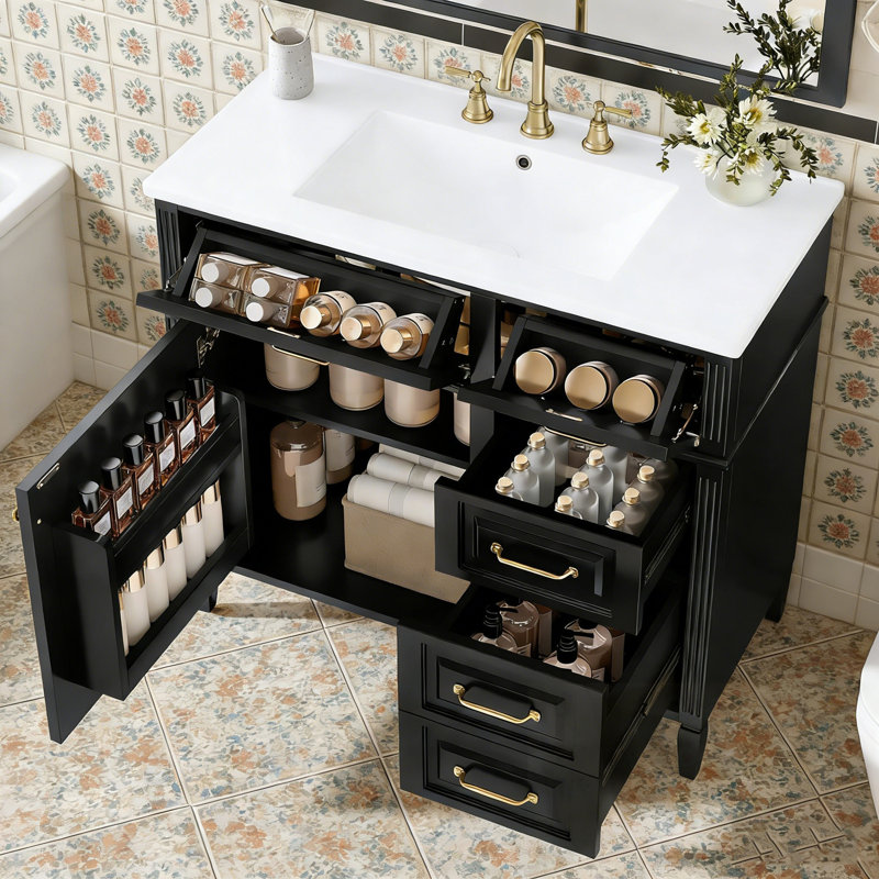 Meuble-lavabo de salle de bain avec lavabo, tablette réglable et poignées en métal, Noir