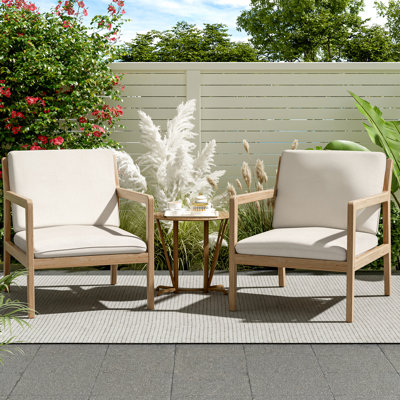 Patio Club Chair Of 2 In Wood With , Contemporary Design Featuring Slatted Seating And Tapered Legs, Water- Cushions Outdoor 2 Group Chairs Slat
