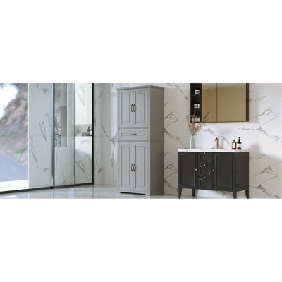 [Vidéo] Armoire de rangement pour salle de bain avec espace de rangement multifonctionnel, tiroir avec glissières, tablette réglable, gris