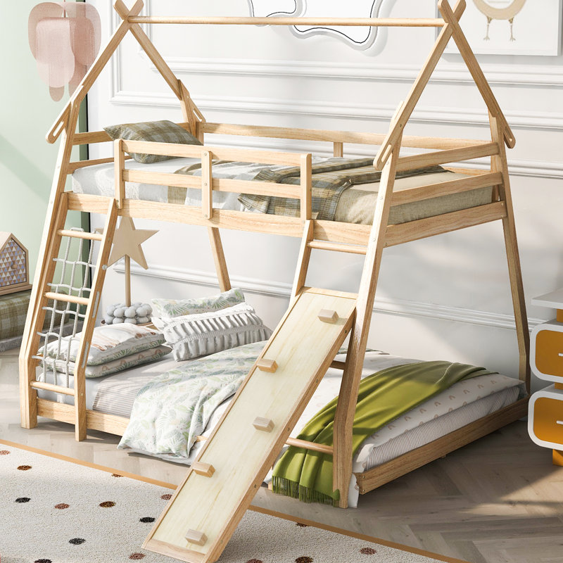 Lit superposé simple au-dessus de grand avec filets d'escalade et rampe Playful - Espace amusant élégant et fonctionnel
