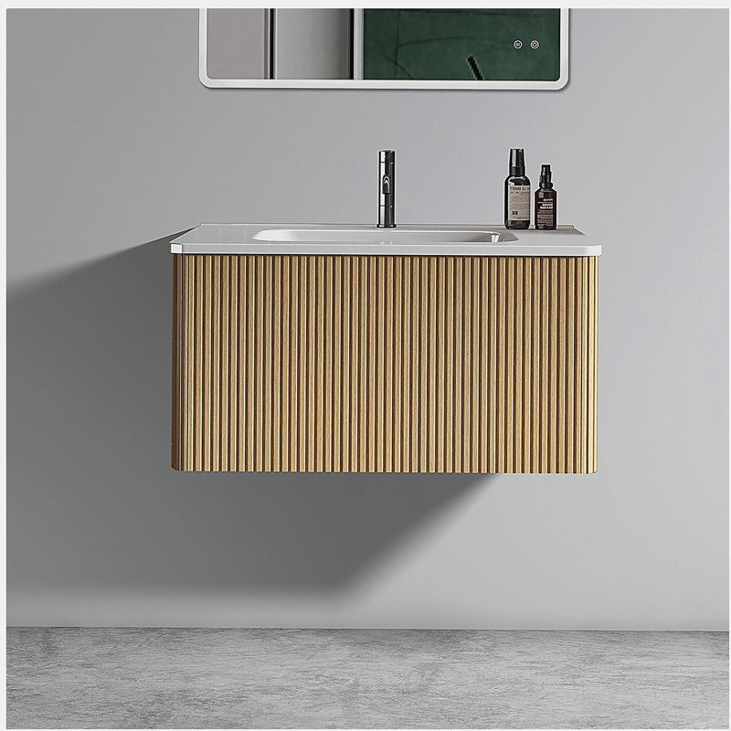 Lavabo de salle de bain en chêne naturel rayé de 30 pouces, avec cuve en céramique blanche, lavabo flottant suspendu pour salle de bain moderne, cuve blanche intégrée sans trou de bonde, pré-assemblé