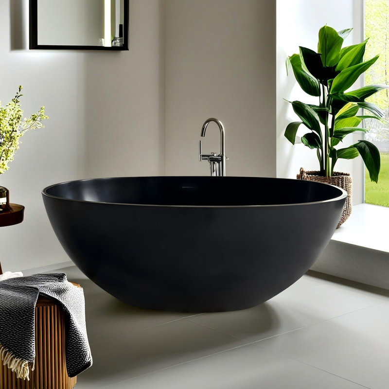 Baignoire de trempage autoportante de 55 po x 29,5 po à surface solide, Noir mat