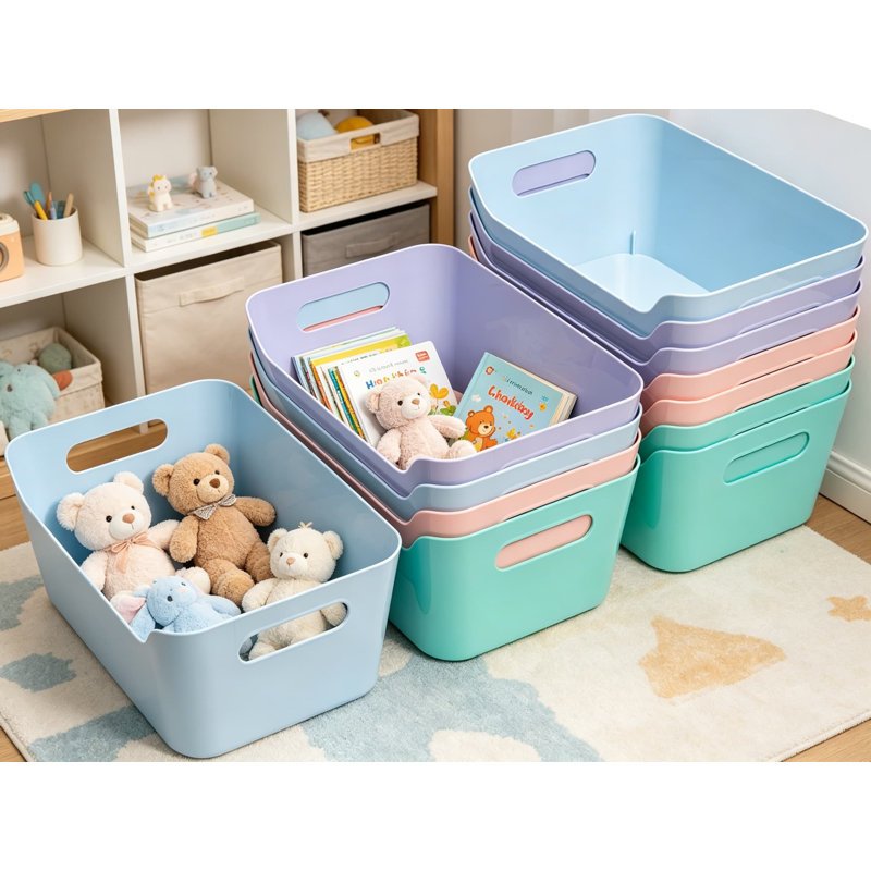 Paquet de 12 bacs de rangement en plastique de 4,5 L, paniers de rangement multi-usage pour le bureau de classe à la maison, contenants empilables pour armoire garde-manger, tablette, bleu pastel, vert, violet, rose sans couvercle