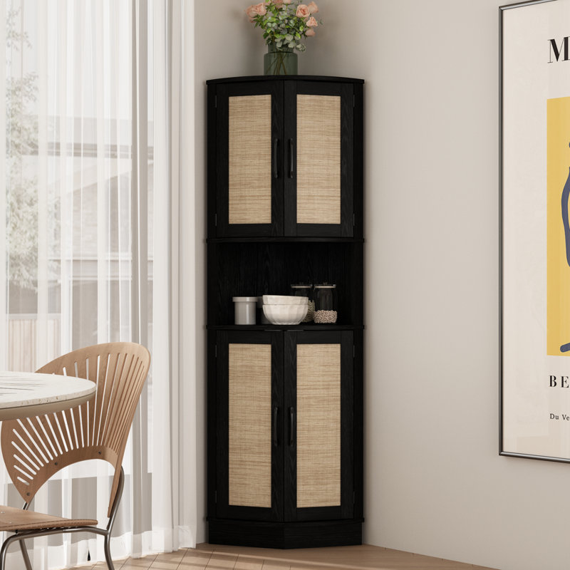 Armoire d'angle Ciauna 64,7 po avec portes en rotin, noir, Noir