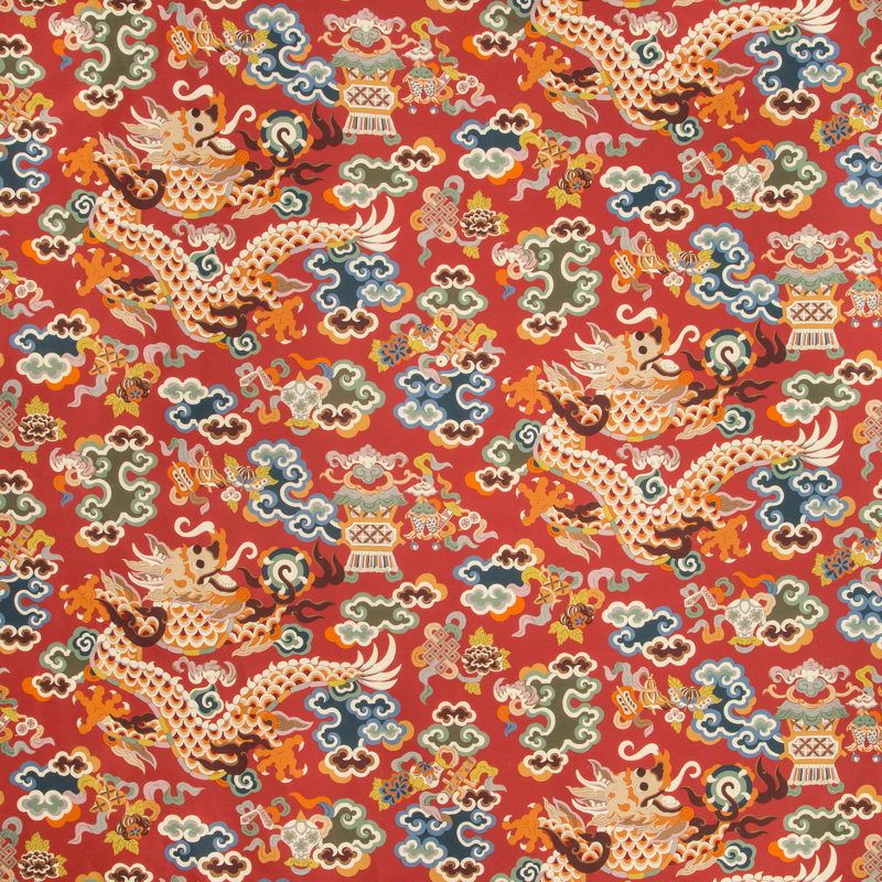 Summer Palace Ming Dragon Print Fabric in Claret/Ivory/Brown/Blue