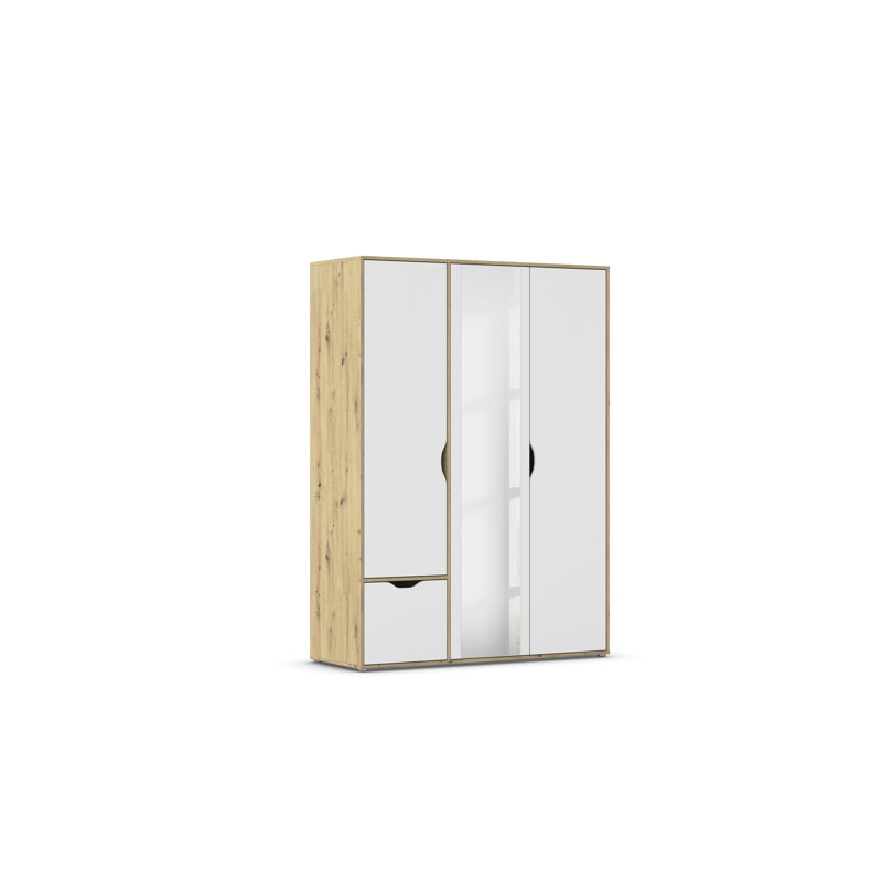 Hinged door wardrobe Narai with mirror, handle -less look MADE IN GERMANY, Alpine White/Artisan Oak