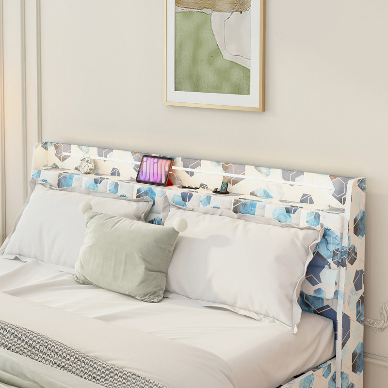 Cadre de lit flottant avec lumière DEL et base de lit tapissier avec tête de lit et espace de rangement caché, sans sommier tapissier, bleu