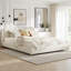Lit plateforme moderne en tissu de lin avec pieds en bois massif, blanc, sans sommier tapissier-817932824