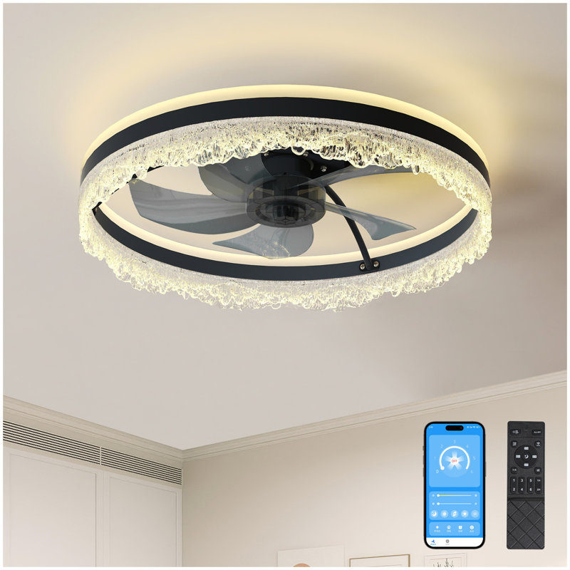 Ventilateur de plafond silencieux intelligent 20 "avec lumière - Lampe encastrée en cristal à DEL avec pales cachées et système de circulation d'air naturel, conçu pour la chambre à coucher, la chambre d'enfant et le bureau