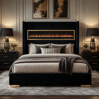 Upholstered Modern Platform Bed Frame with 3D 13-Color Flame Headboard, Bluetooth Music Audio, USB Charging Ports, Mattress-Ready Base, Black