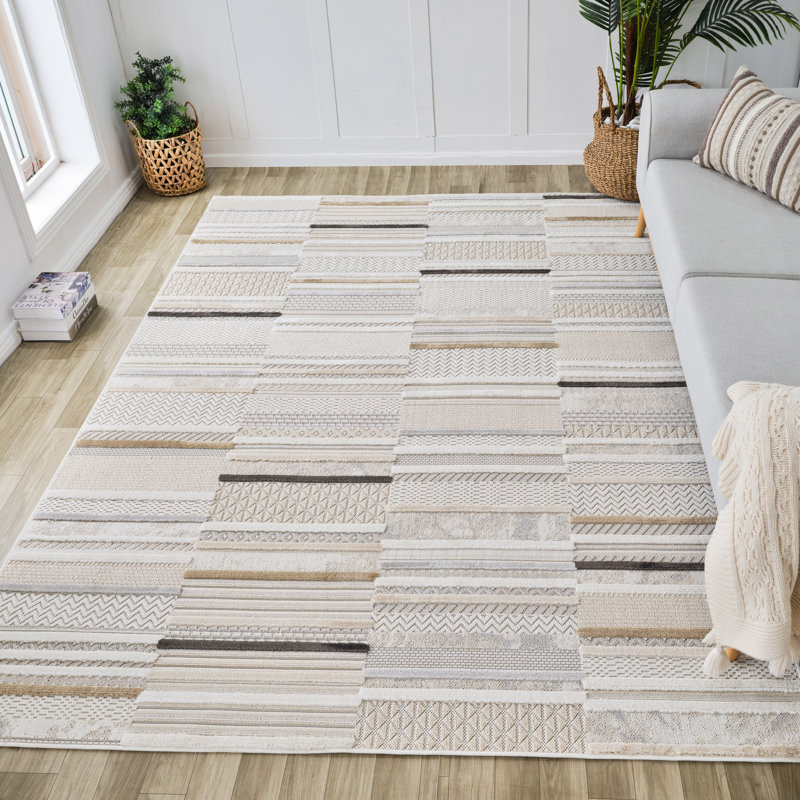 Rug Branch Ivara 4' x 6' (3'11" x 5'7") Beige/Cream Patchwork Stripe Indoor Area Rug, Comtemporary, Medium Pile, Stain-Resistant Carpet - Living Room, Bedroom, Dining Room, and Kitchen