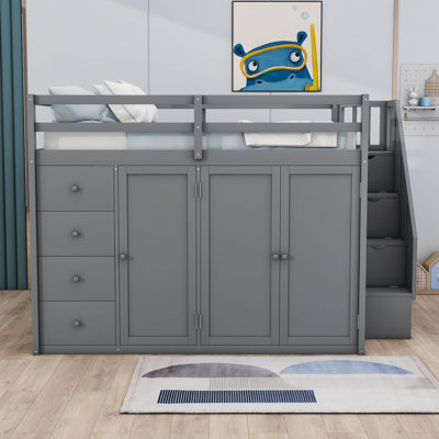 Lit mezzanine en bois 4 tiroirs avec garde-robe encastré Jenkarlo