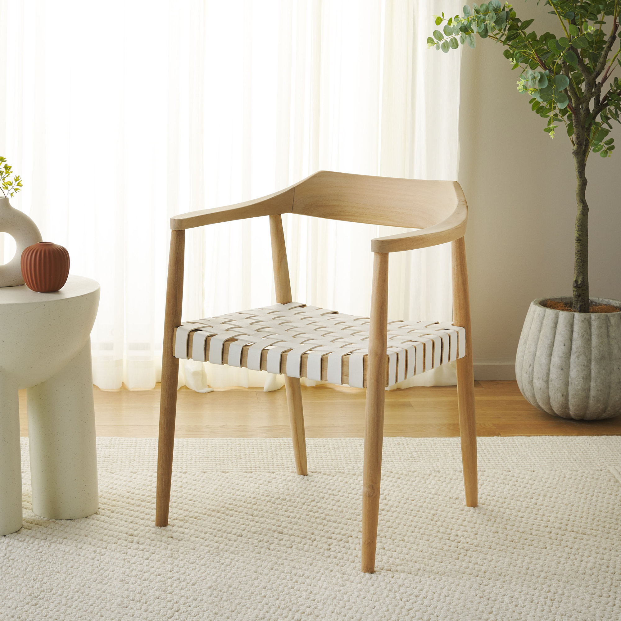 Noreen Accent Chair, White Genuine Leather, Natural