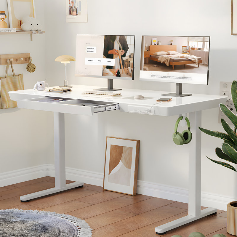 Odbert Tempered Glass Top Height Adjustable Standing Desk, Computer Desk with Drawer and USB Charge, Black