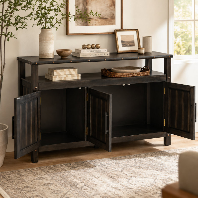 Buffet UNAFLOR en pin de 140 cm (55,1 pouces) avec rangement à 3 portes et accents de rivets industriels, Noir