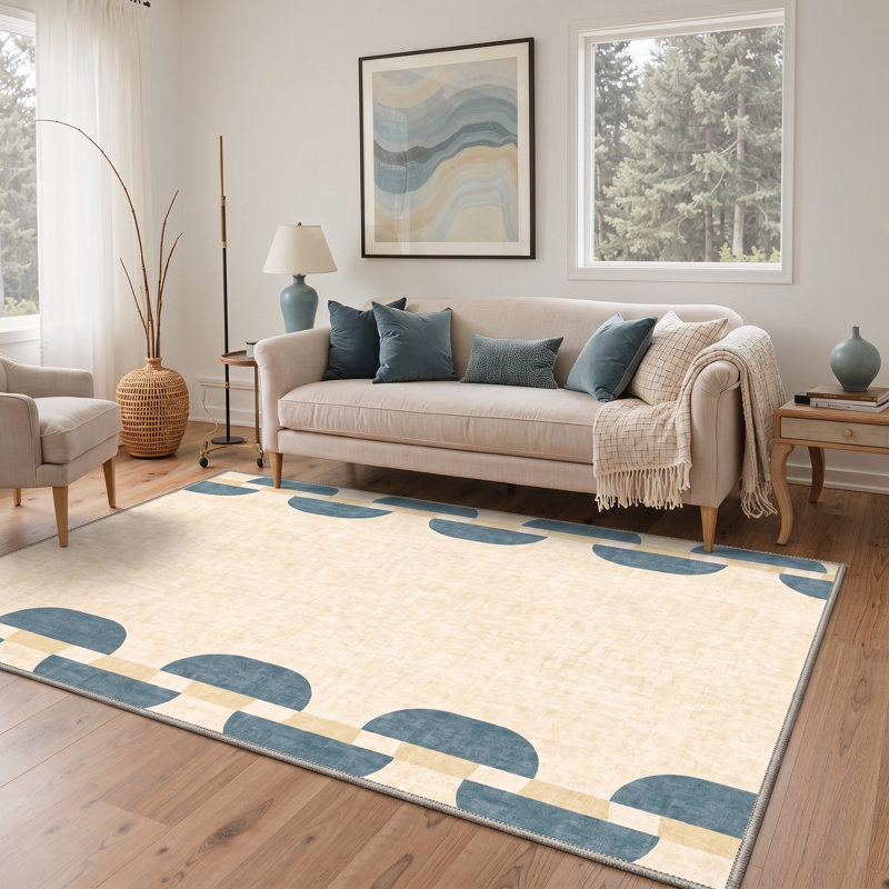 Tapis géométrique ivoire / bleu lavable à la machine avec envers antidérapant, Rectangle 9 pi x 12 pi