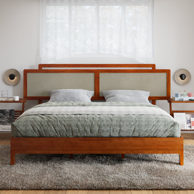 Neil Bed Frame with Rubber Wood and Rattan Headboard – Japanese Elegant Minimalist Design, Sturdy Construction, Easy Assembly – King, Milk Chocolate