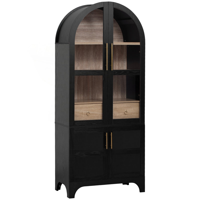 Garde-manger arqué avec portes en verre, tiroir caché et tablettes de porte, Black
