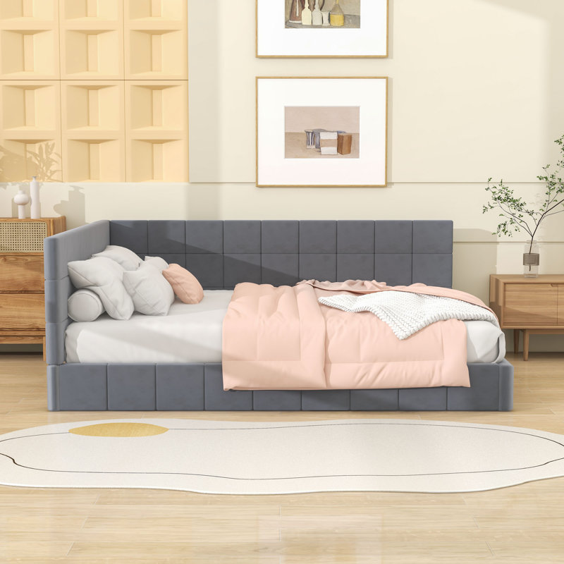 Full Size Velvet Upholstered Daybed with Unique Backrest, Gray
