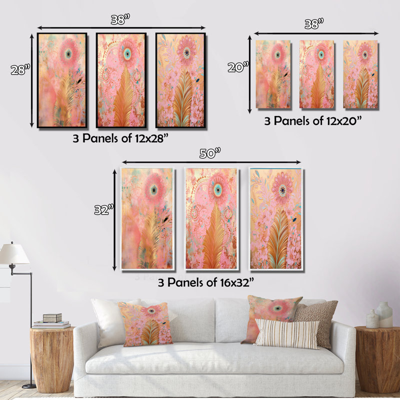 «Boho Glam Gold Feather Pink Flowers», 3 pièces sur toile, Encadrement brun, H 40 po x l 60 po