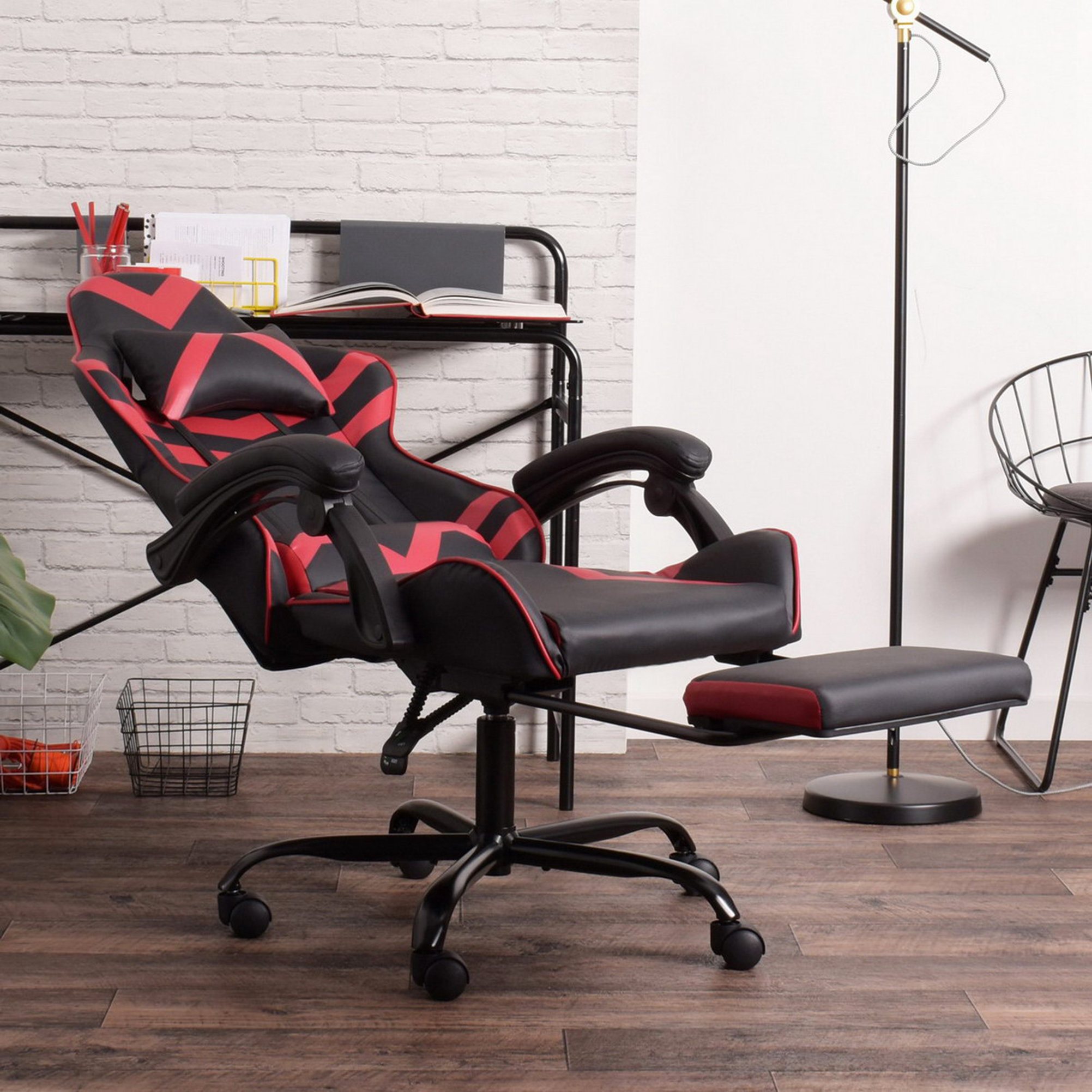 Gaming Chair with Footrest Faux Leather Inbox Zero Color: Black/ Red