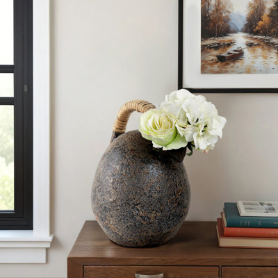 Vase Pottery Terracotta Textured Finish with Woven Handle Gray for Home Office Bedroom Living Room Decor.