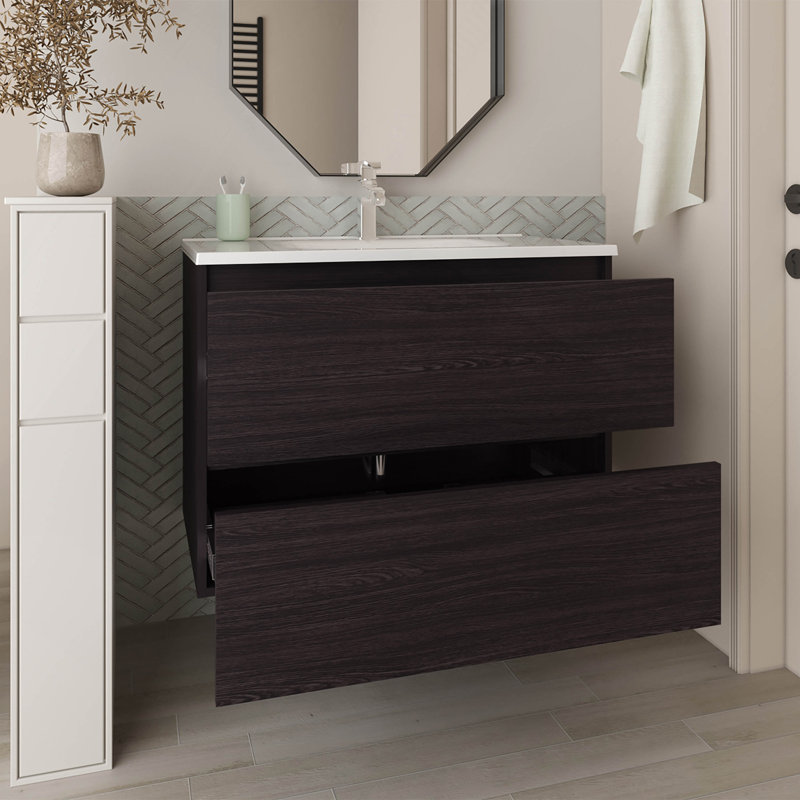 Meuble-lavabo avec lavabo, 2 tiroirs, wengé noir, Noir