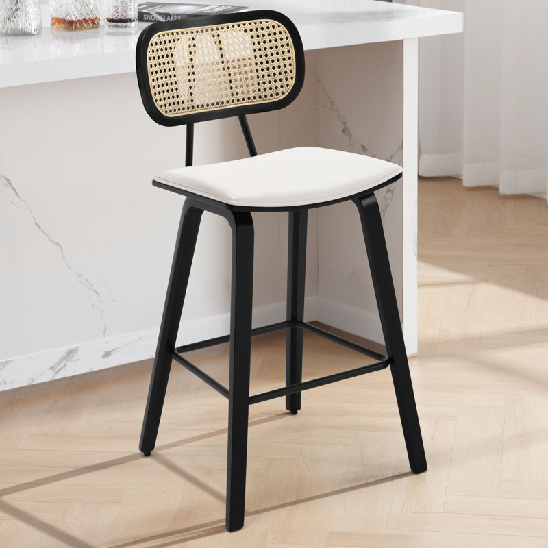 26" Upholstered Rattan Back Counter Height Bar Stools, White, 4