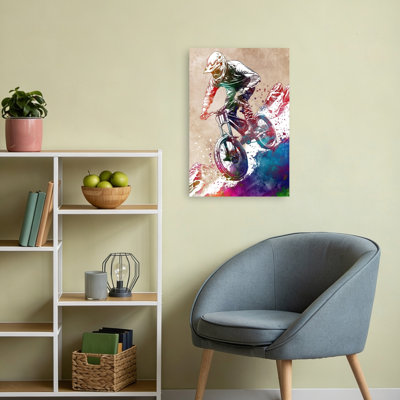 «Vibrant Mountain Biker», art mural contemporain abstrait avec paysage de montagne