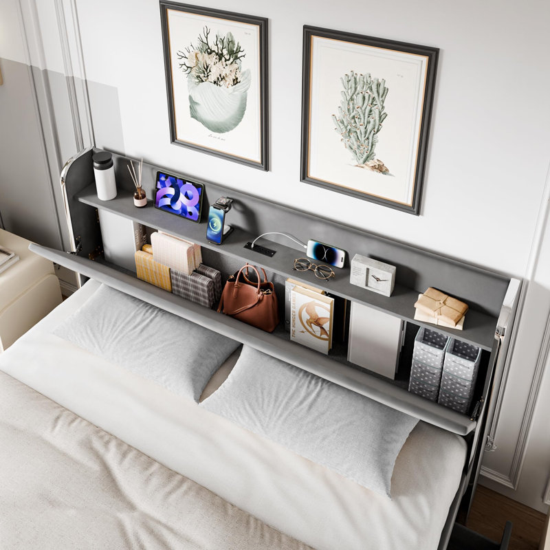 Upholstered Bed Frame With 4 Drawers,Diamond Tufted Bed Frame With Charging Station, Grey, Full