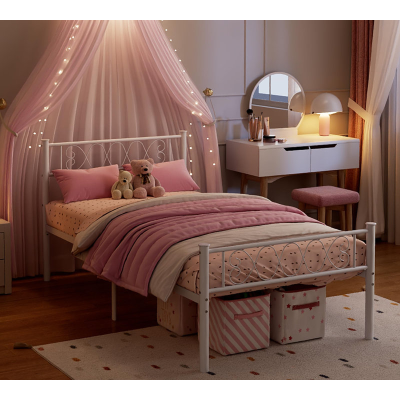 Structure de lit simple en métal - tête de lit et pied de lit avec motif en fer, lit plateforme simple pour garçons et filles, aucun sommier requis, assemblage facile