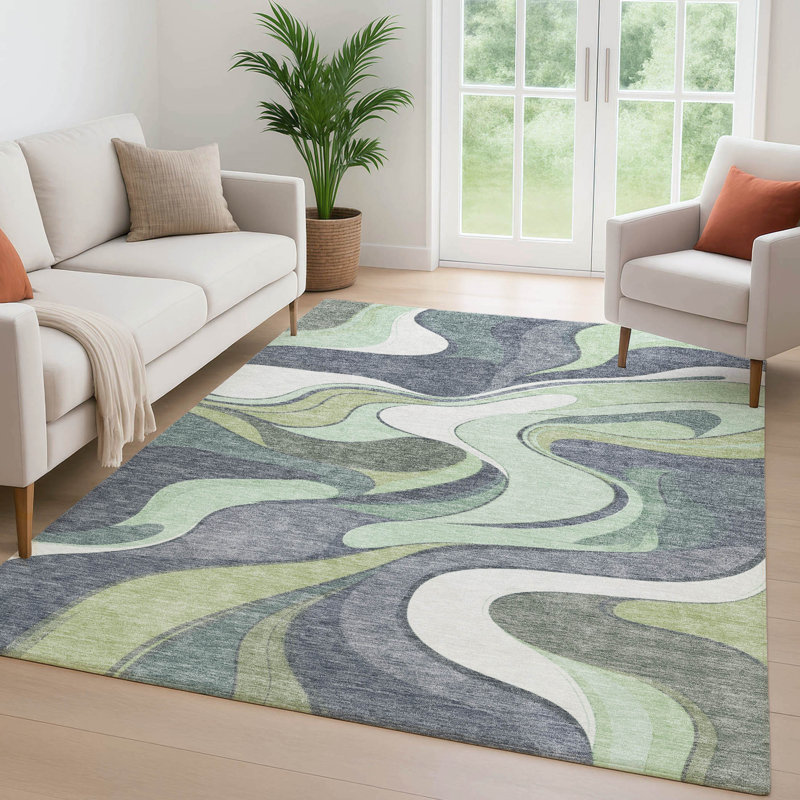 Premium Machine Washable Mayfield  swirls Rug, 3' x 5', Green
