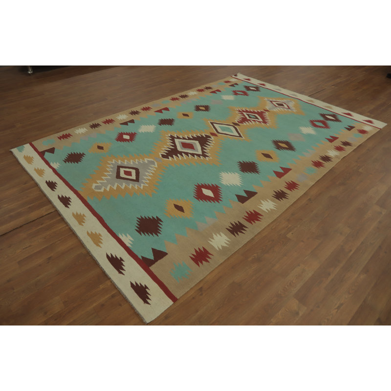Tapis oriental en laine turquoise Kilim 7 x 10