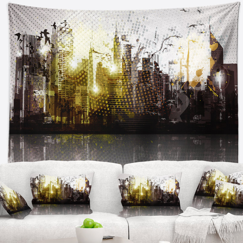 Tapisserie panorama cityscape grunge city, H 50 po x l 60 po