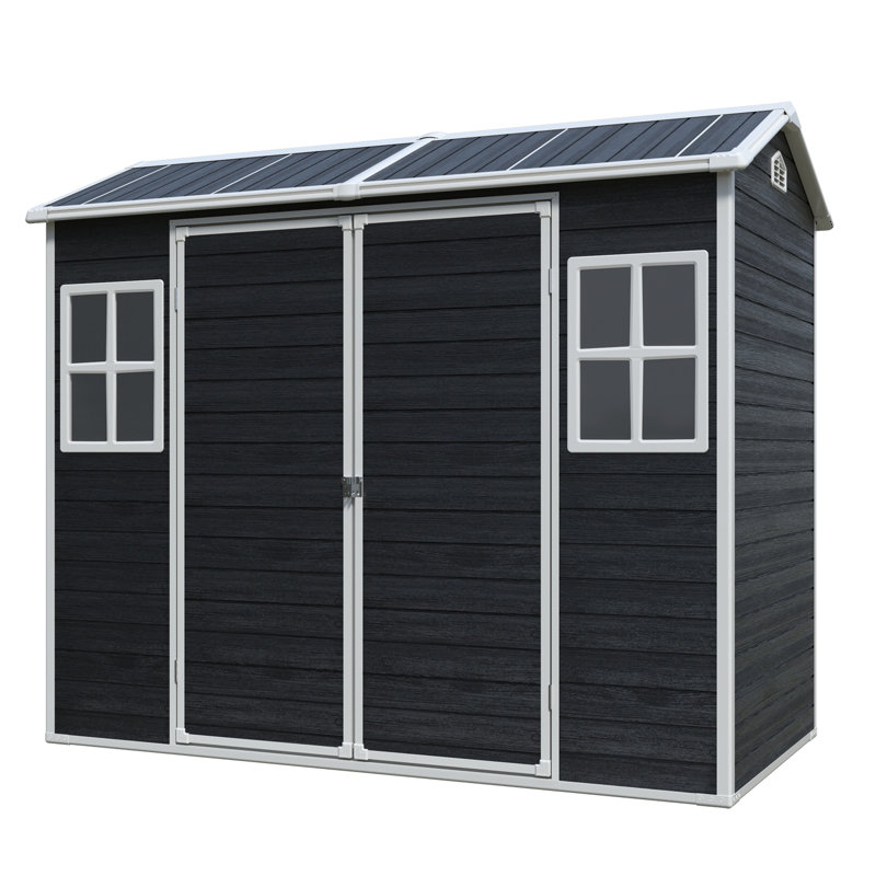 Remise de rangement extérieure en plastique noir 8 pi x 4 pi pour jardin, patio, cour, pelouse, double porte avec poignées verrouillables, résine multi-parois, fenêtres latérales, circulation d'air, plancher d'installation sans effort, deux