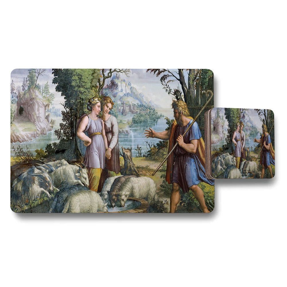Pastoral Scene Placemat And Coaster Set With Shepherd And Sheep