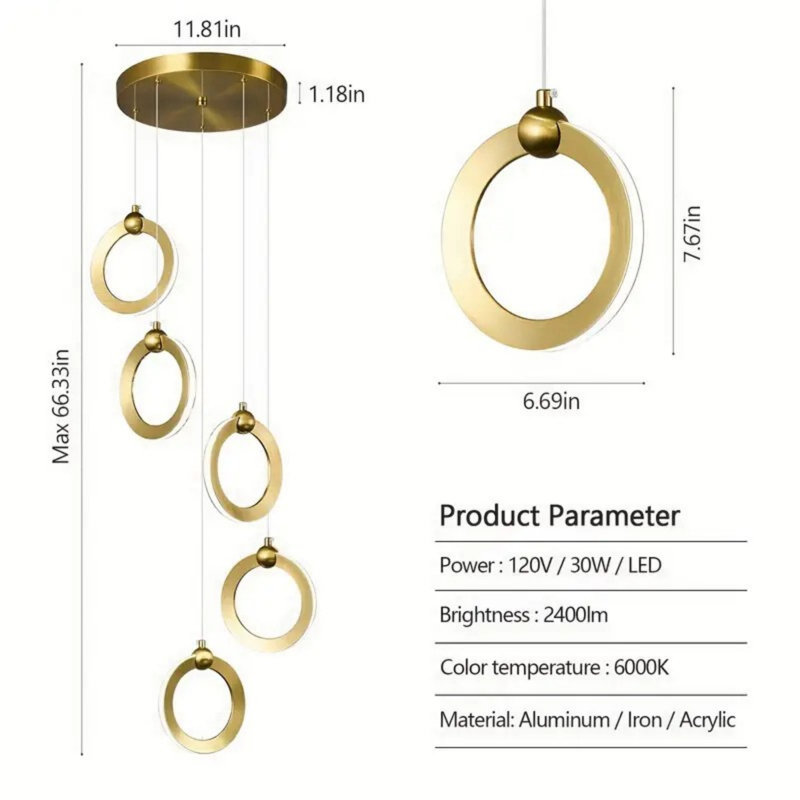 Lustre moderne à DEL avec 5 anneaux - Luminaire suspendu réglable à intensité variable de 30 W et 6 000 K, 5 lumières