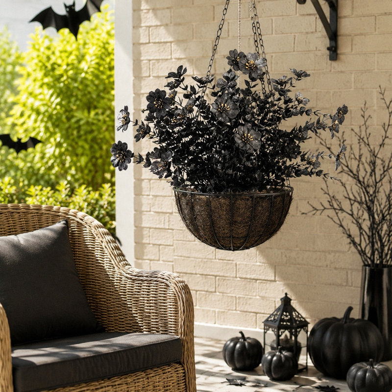 Lot de 8 tiges de fleurs artificielles noires pour l'Halloween, bouquet gothique décoratif pour vase ou centre de table.