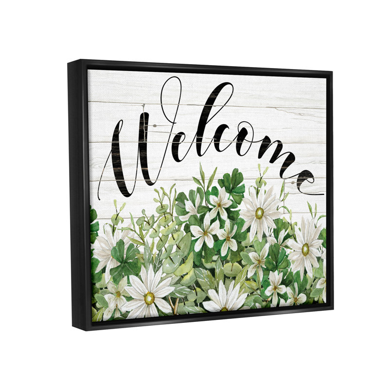 «Welcome Rustic Planked Sign White Flower Blossoms» par Cindy Jacobs - cadre flottant, impression sur toile