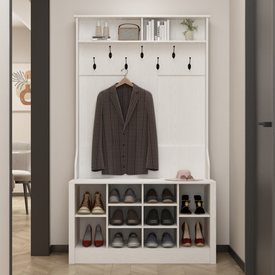 Modern Hall Tree With Storage Bench, 39.4" W X 15.7" D X 68.5" H, Wood Finish With 10 Shoe Compartments And 7 Hooks
