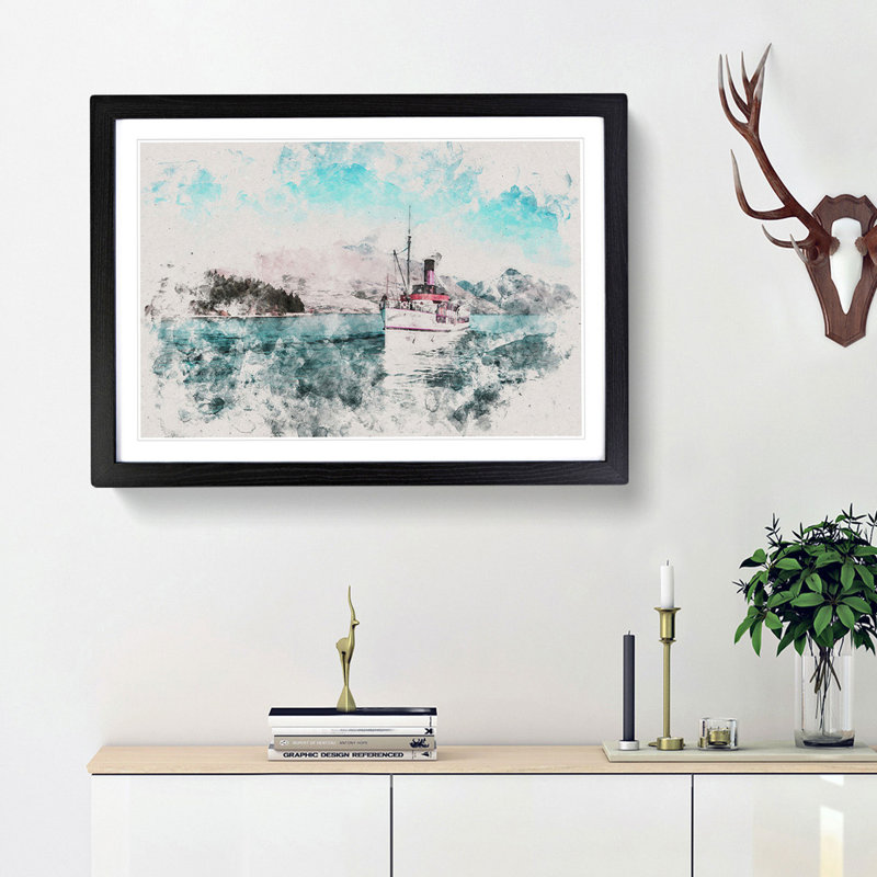 Boat on the Lake in New Zealand - Picture Frame Graphic Art Print, Black Framed, 45cm H x 63cm W x 2cm D