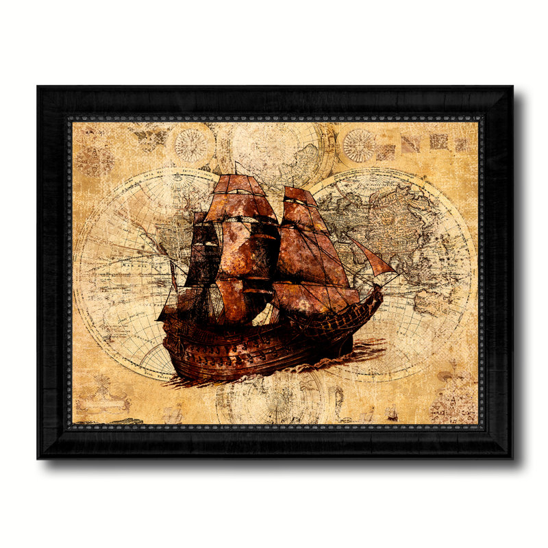 Bateau, carte nautique rétro, reproduction d'art textuel sur toile, Encadrement noir, H 30 po x l 39 po