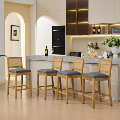 Rattan Linen Upholstered Counter Stool With Solid Wood Frame (Set Of 2)