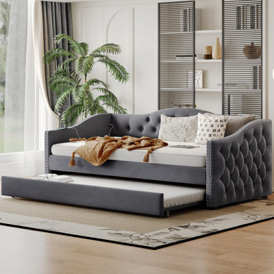 Upholstered Daybed With Trundle And USB Charging Design, Sturdy Wood Slat Support, Wood Bed Frame For Bedroom/Guestroom/Dorm,Plush Velvet Fabric