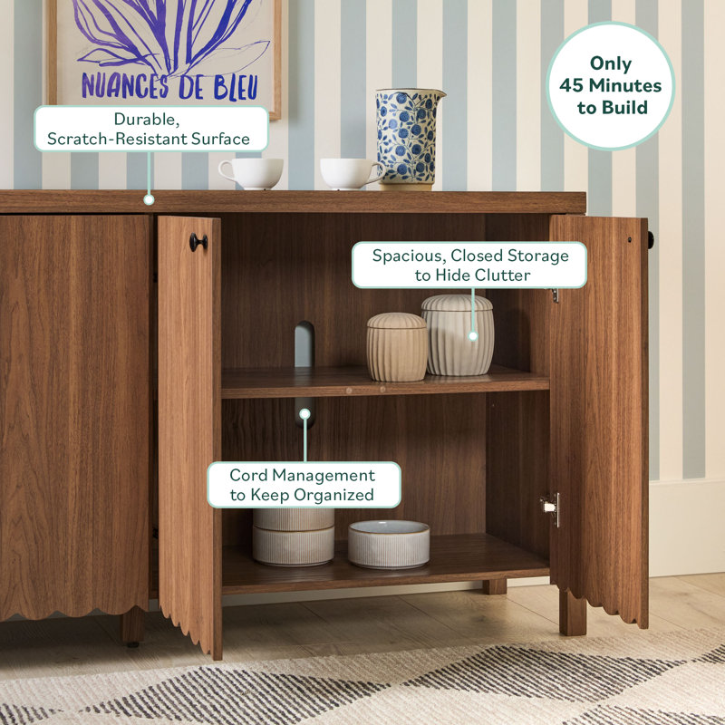 Bathilda 60" Modern Wood Easy Assembly Scalloped Sideboard TV Stand With Cabinet Storage, Medium Brown Oak