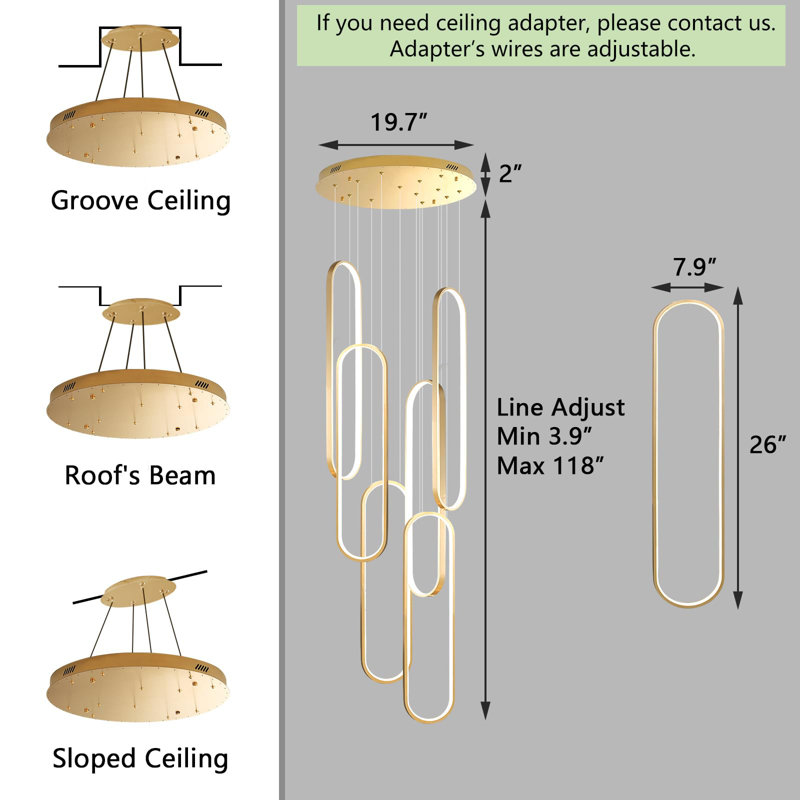 Lustre linéaire à 6 lumières DEL à intensité variable, H 118 po x l 19,7 po x P 23,6 po, Doré, 96 W