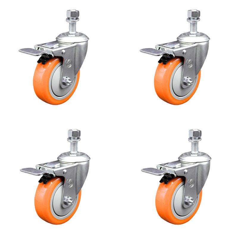 Ensemble de roulettes de 4 pouces en polyuréthane pivotant sur roues pivotantes de 12 mm avec frein de verrouillage, Orange
